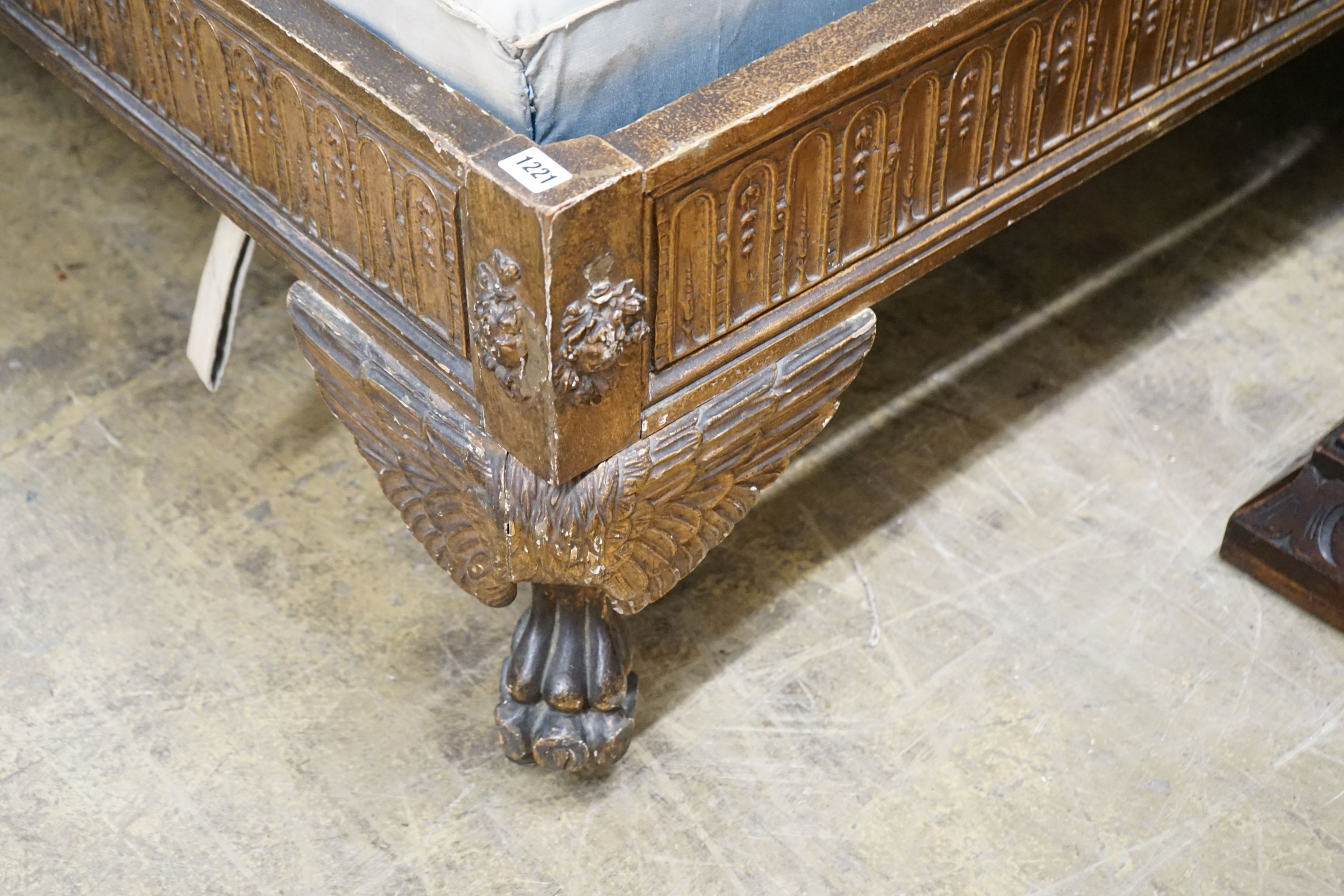 A French gilt bed frame, length 202cm, width 180cm, height 52cm